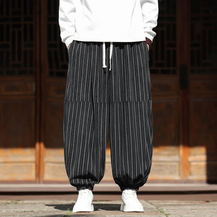 Buddha Stones Pantalon sarouel rayé court à cordon de serrage, style décontracté printemps-automne, en velours côtelé avec poches. - Noir - US/UK/AU46, EU56 (5XL) - image 0