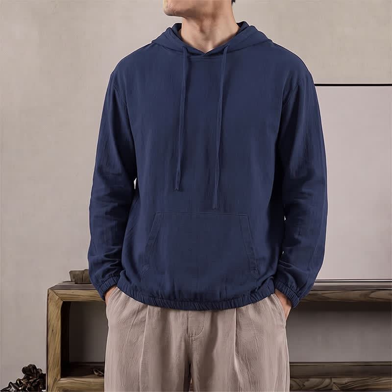 Buddha Stones Chemises à manches longues pour homme, à capuche, cordon de serrage, couleur unie, style automne, avec poche - Bleu nuit - US/UK/AU42, EU52 (3XL) - image 0