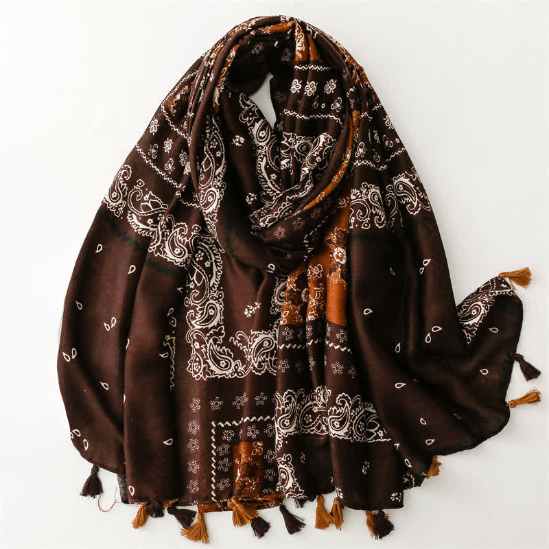 Buddha Stones Écharpe femme printemps automne bohème patchwork à pompons - SaddleBrown - image 14