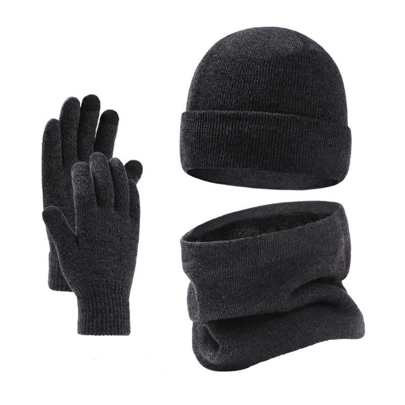 Buddha Stones Ensemble 3 pièces automne-hiver : cache-cou, écharpe, bonnet et gants en maille côtelée pour homme. - Gris terne - image 10