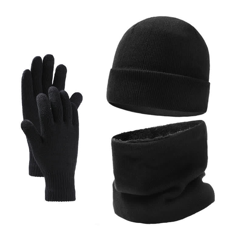 Buddha Stones Ensemble 3 pièces automne-hiver : cache-cou, écharpe, bonnet et gants en maille côtelée pour homme. - Noir - image 1