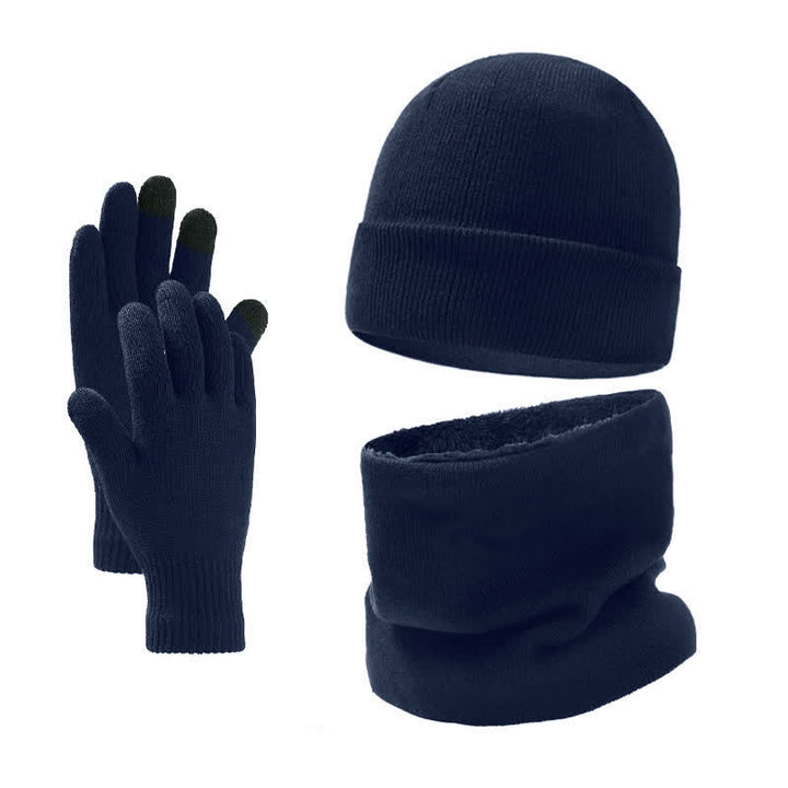 Buddha Stones Ensemble 3 pièces automne-hiver : cache-cou, écharpe, bonnet et gants en maille côtelée pour homme. - Bleu nuit - image 12