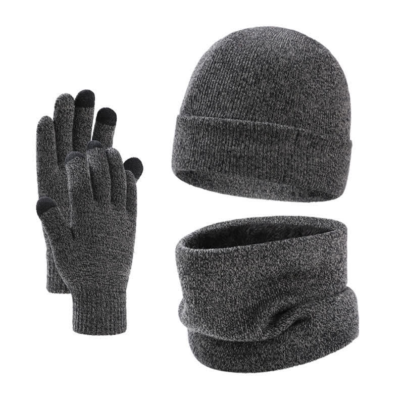 Buddha Stones Ensemble 3 pièces automne-hiver : cache-cou, écharpe, bonnet et gants en maille côtelée pour homme. - Gris - image 0