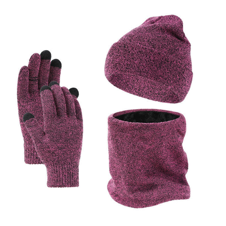 Buddha Stones Ensemble 3 pièces automne-hiver : cache-cou, écharpe, bonnet et gants en maille côtelée pour homme. - Violet - image 9