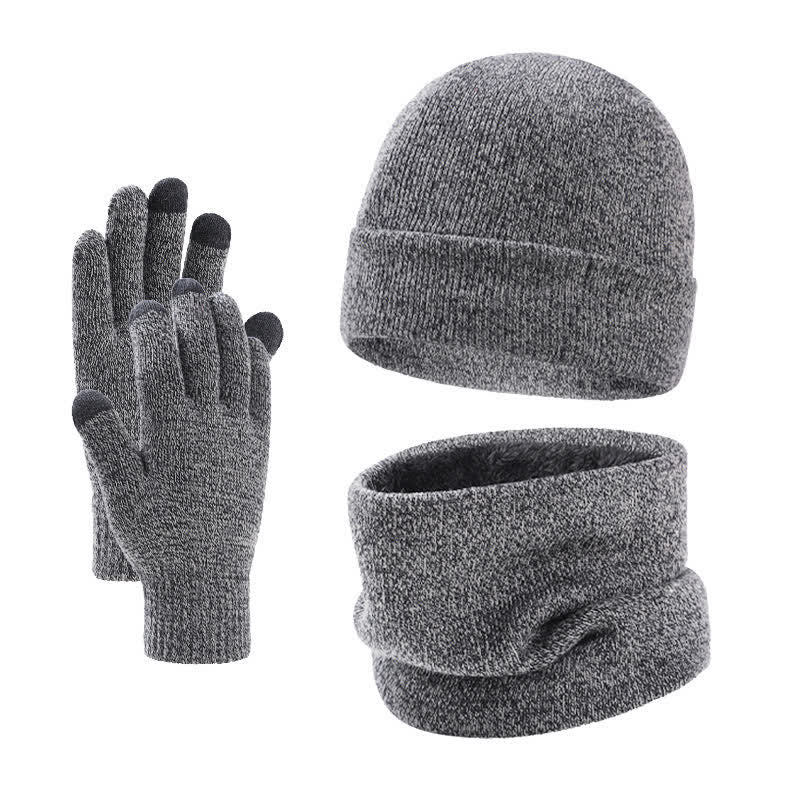 Buddha Stones Ensemble 3 pièces automne-hiver : cache-cou, écharpe, bonnet et gants en maille côtelée pour homme. - Gris clair - image 11
