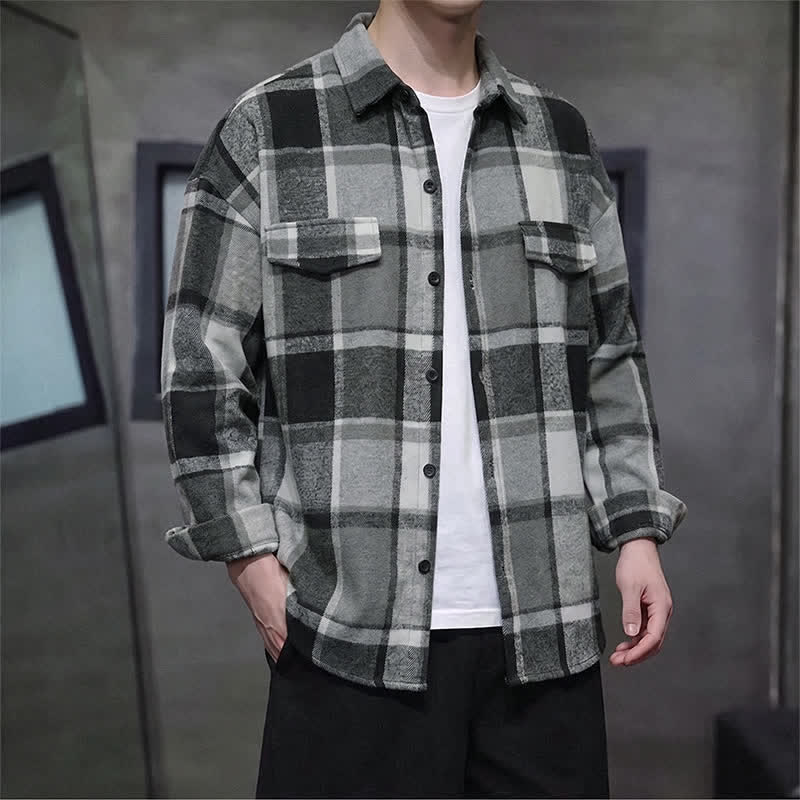 Buddha Stones Chemises à carreaux à manches longues pour hommes, style vintage décontracté, printemps-automne - Gris sombre - US/UK/AU42, EU52 (3XL) - image 20