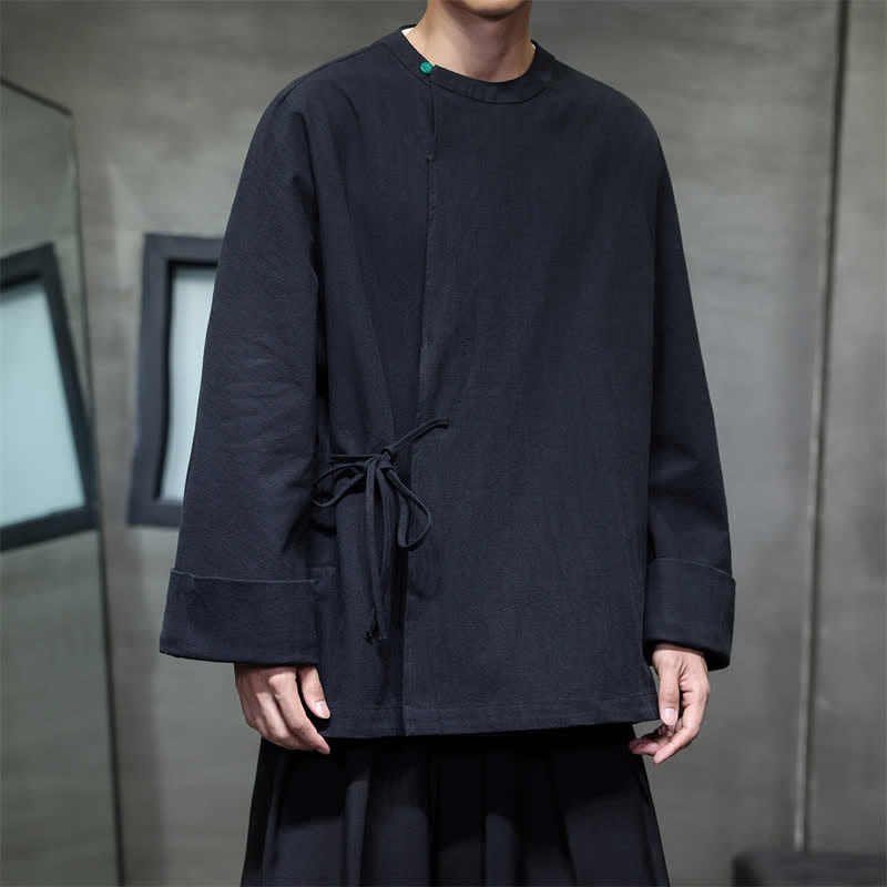 Buddha Stones Chemises à manches longues pour hommes, style Tang minimaliste, à lacets, unies, automne - Noir - US/UK/AU48，EU58 (4XL) - image 17