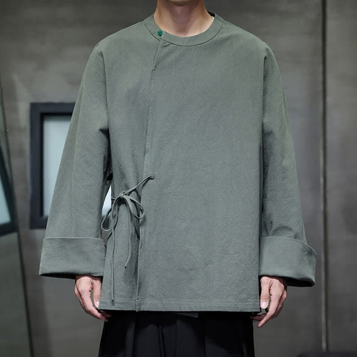 Buddha Stones Chemises à manches longues pour hommes, style Tang minimaliste, à lacets, unies, automne - image 13
