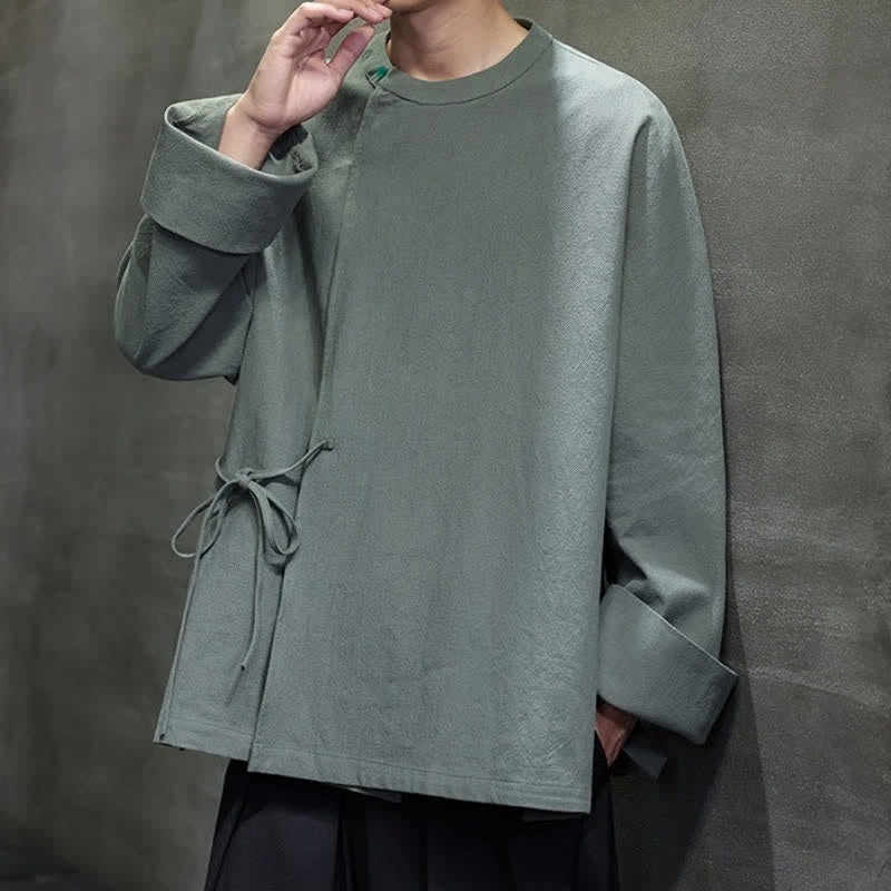 Buddha Stones Chemises à manches longues pour hommes, style Tang minimaliste, à lacets, unies, automne - image 15