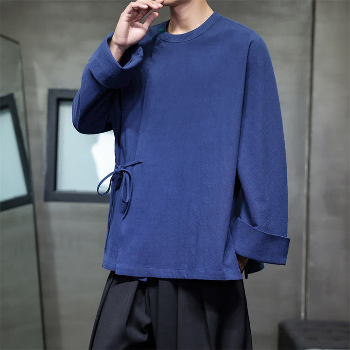 Buddha Stones Chemises à manches longues pour hommes, style Tang minimaliste, à lacets, unies, automne - image 3