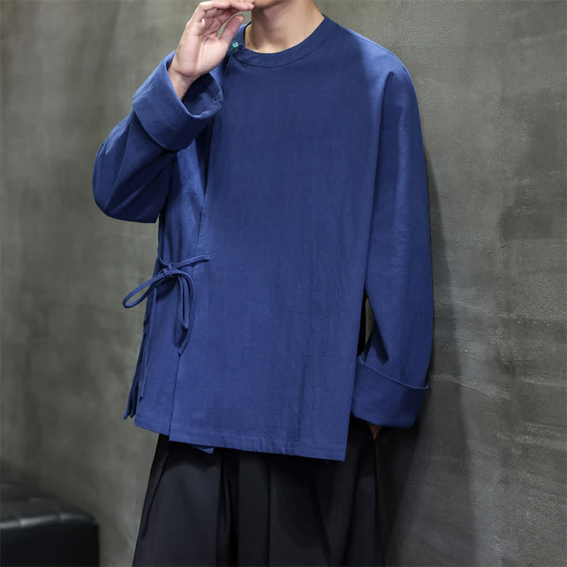 Buddha Stones Chemises à manches longues pour hommes, style Tang minimaliste, à lacets, unies, automne - image 6