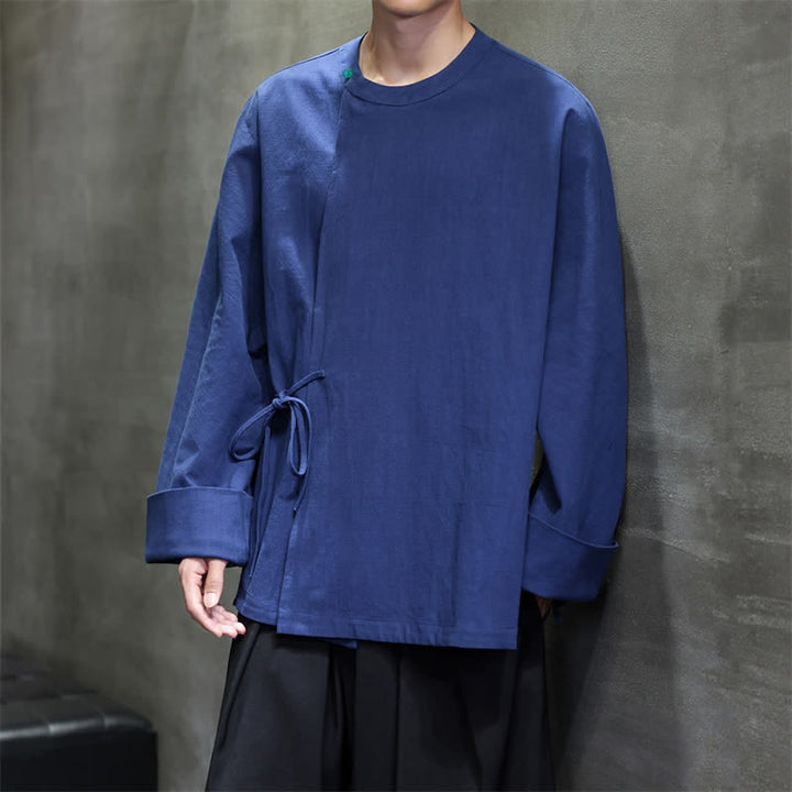 Buddha Stones Chemises à manches longues pour hommes, style Tang minimaliste, à lacets, unies, automne - image 5