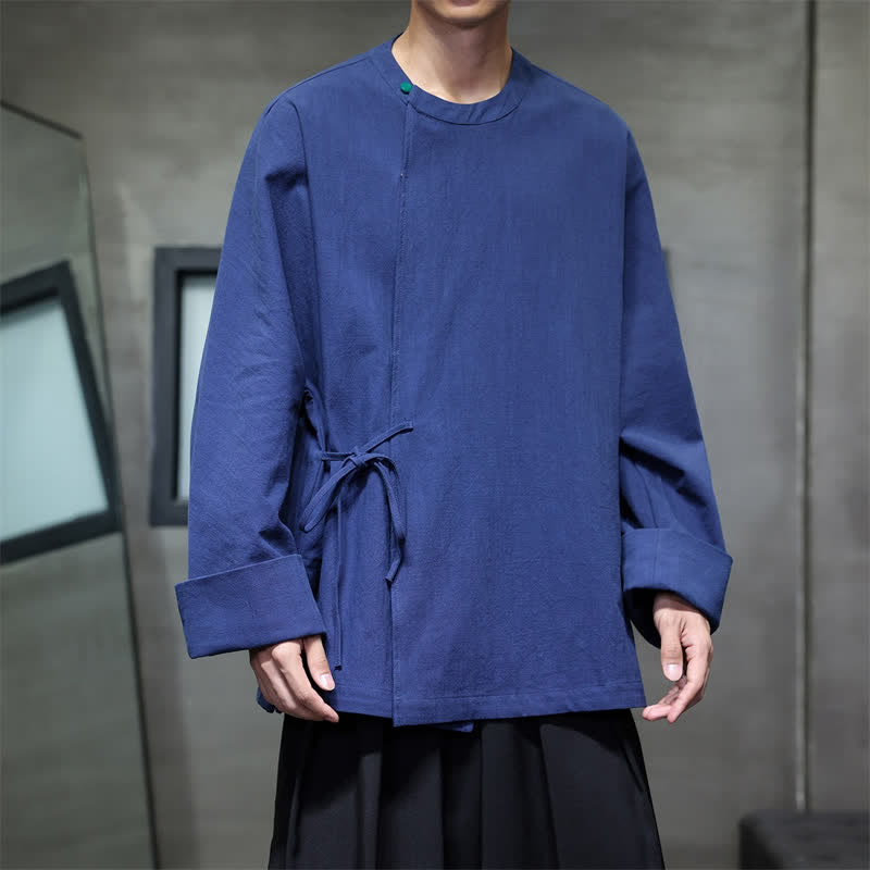 Buddha Stones Chemises à manches longues pour hommes, style Tang minimaliste, à lacets, unies, automne - Marine - US/UK/AU48，EU58 (4XL) - image 0