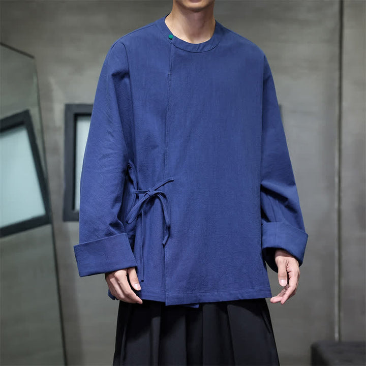 Buddha Stones Chemises à manches longues pour hommes, style Tang minimaliste, à lacets, unies, automne - Marine - US/UK/AU48，EU58 (4XL) - image 0