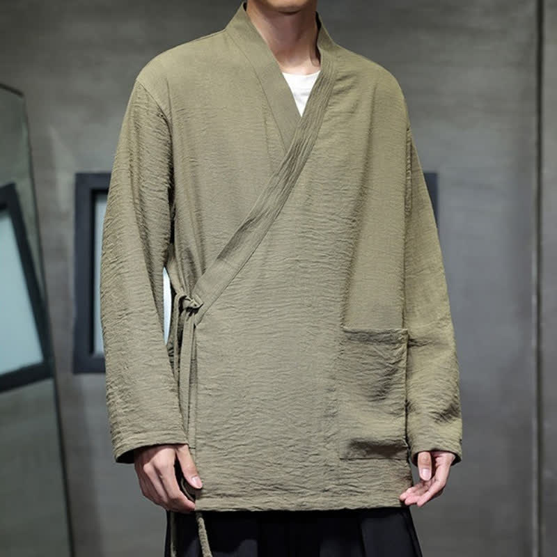 Buddha Stones Kimono homme minimaliste et décontracté de style Tang, à cordon de serrage, uni, avec poches, idéal pour le printemps. - image 1