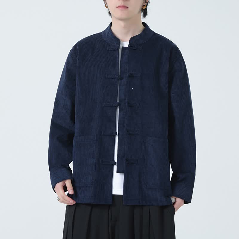 Buddha Stones Veste homme décontractée automne-hiver style Tang, en velours côtelé uni avec poches - image 1