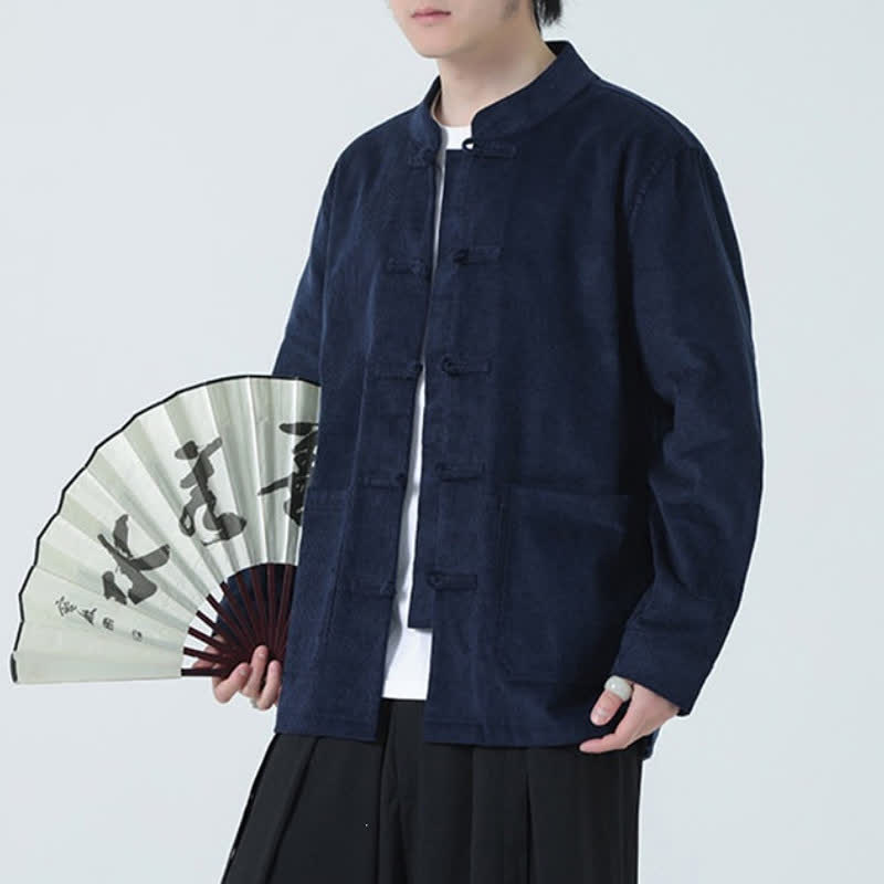 Buddha Stones Veste homme décontractée automne-hiver style Tang, en velours côtelé uni avec poches - Bleu nuit - US/UK/AU46，EU56 (5XL) - image 0