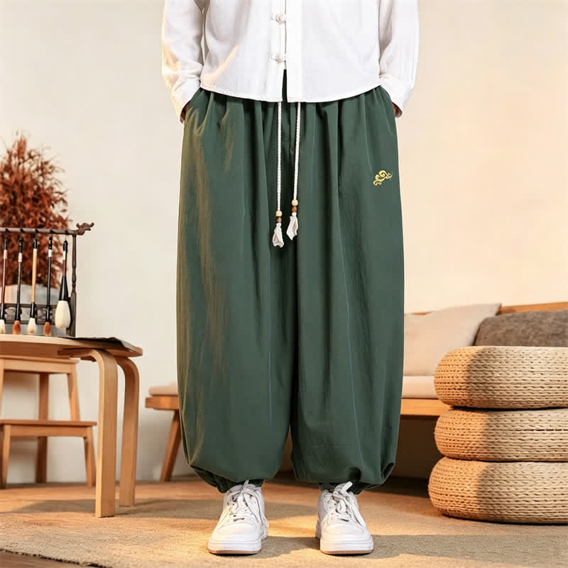 Buddha Stones Pantalon harem homme décontracté d'automne, minimaliste, à cordon de serrage, broderie unie, style nuage, avec poches - image 1