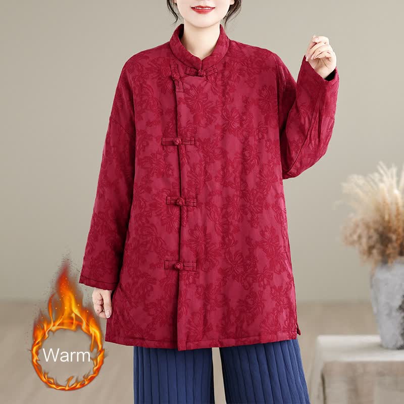 Buddha Stones Veste d'automne-hiver vintage pour femme, style Tang, col mandarin, boutons brandebourg, motif floral, avec poches - Rouge foncé - US8-10，UK/AU12-14，EU40-42 (2XL) - image 0