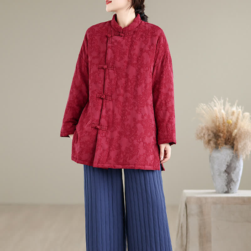 Buddha Stones Veste d'automne-hiver vintage pour femme, style Tang, col mandarin, boutons brandebourg, motif floral, avec poches - image 1