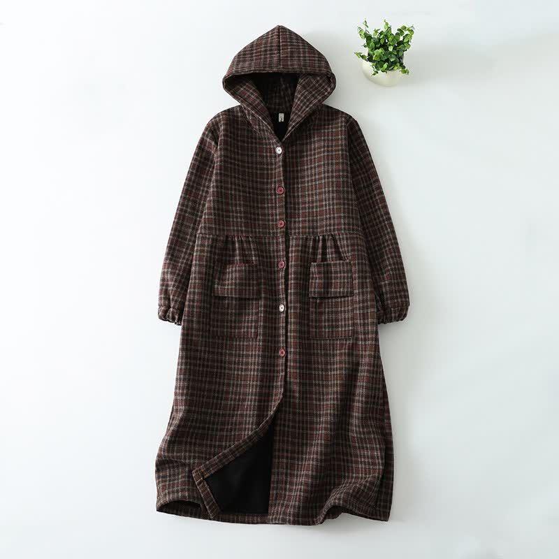 Buddha Stones Manteau d'hiver décontracté à carreaux vintage à capuche et poches pour femme, avec boutons. - Brun - US8-10，UK/AU12-14，EU40-42 (2XL) - image 1