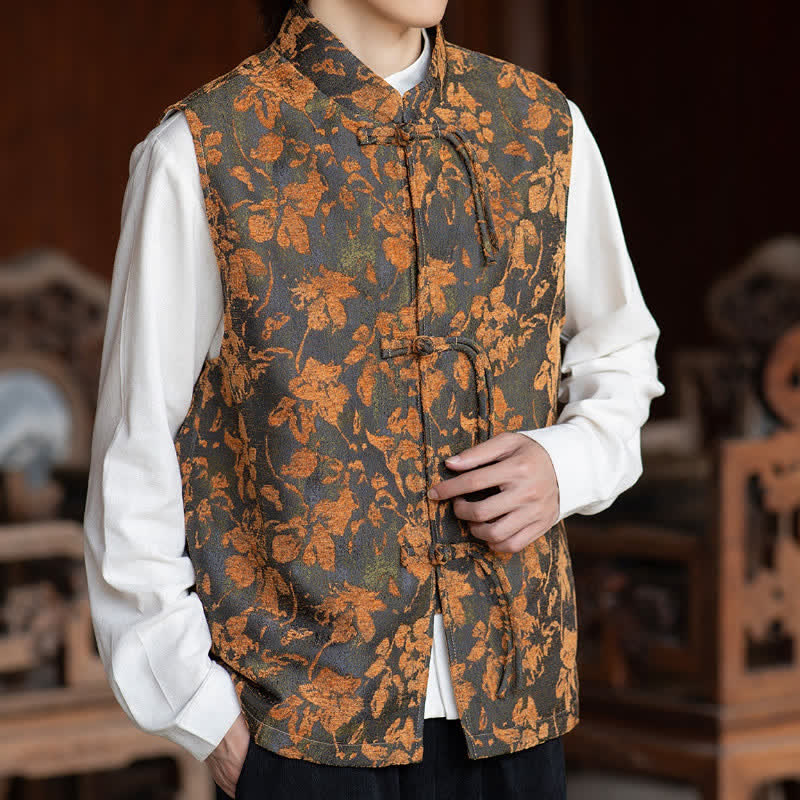 Buddha Stones Débardeur homme style Tang automne vintage à boutons grenouilles et motifs floraux et feuilles - image 1