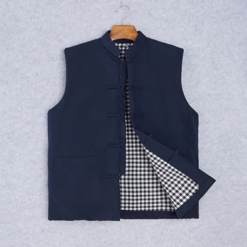 Buddha Stones Débardeur homme minimaliste printemps automne avec col mandarin, boutons et poches - Bleu nuit - US/UK/AU44，EU54 (4XL) - image 1