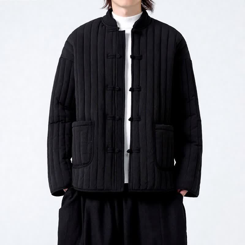 Buddha Stones Veste homme unie à poches, style Tang, design matelassé minimaliste, fermeture à boutons grenouille, automne-hiver - image 1