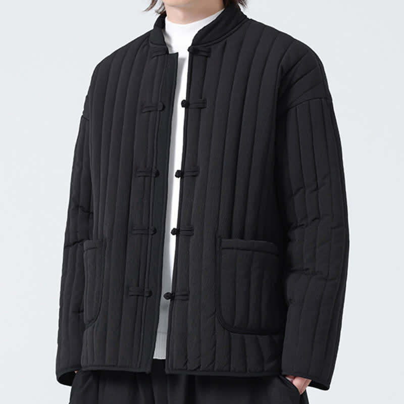Buddha Stones Veste homme unie à poches, style Tang, design matelassé minimaliste, fermeture à boutons grenouille, automne-hiver - Noir - US/UK/AU46，EU56 (5XL) - image 0