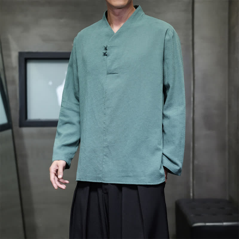 Buddha Stones Chemises à manches longues pour hommes, style Tang, décontractées, printemps-été, en coton uni, à boutons grenouille - CadetBlue - US/UK/AU46，EU56 (5XL) - image 0