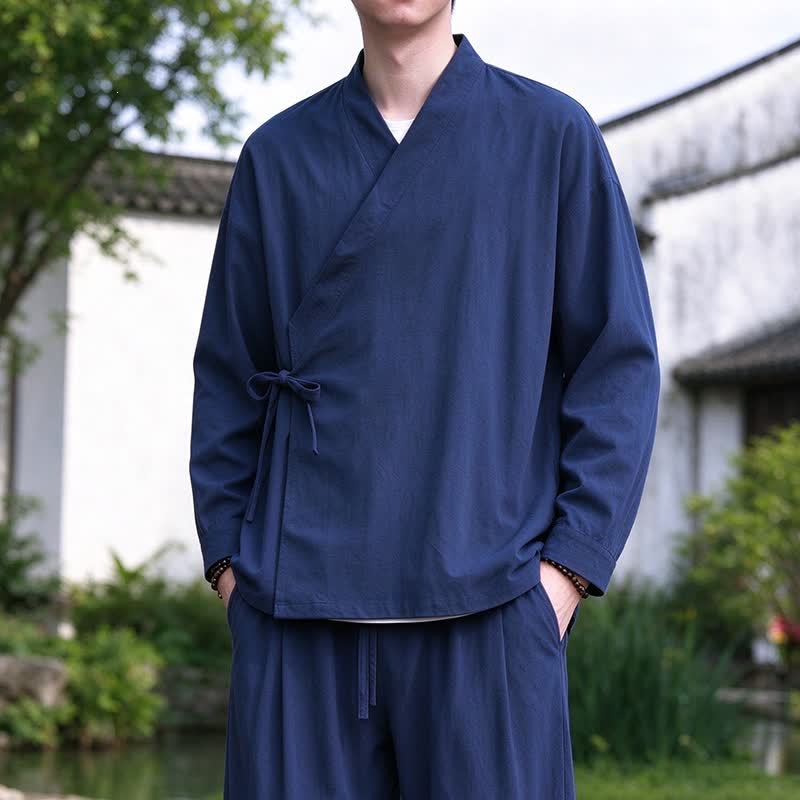 Buddha Stones Kimono pour homme style Tang, printemps/automne, méditation, cordon de serrage, en coton et lin uni - Bleu nuit - US/UK/AU46，EU56 (5XL) - image 0