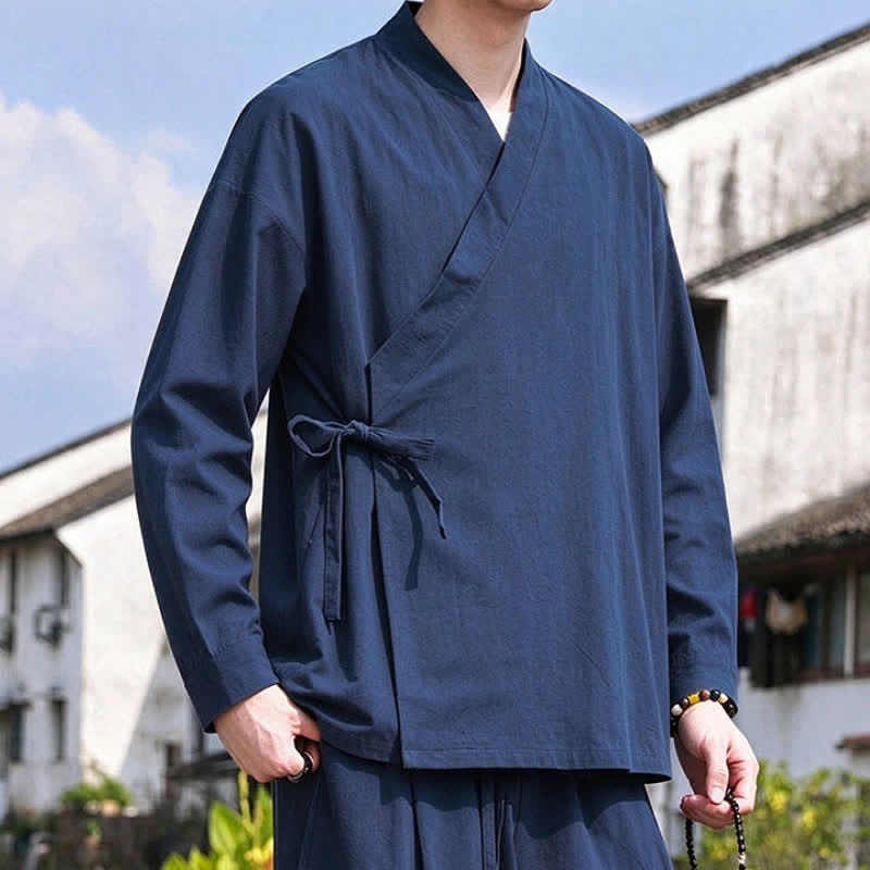 Buddha Stones Kimono pour homme style Tang, printemps/automne, méditation, cordon de serrage, en coton et lin uni - image 1