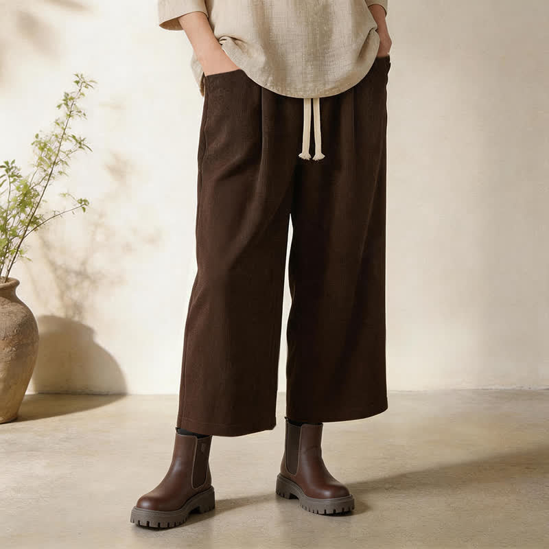 Buddha Stones Pantalon court uni en velours côtelé, coupe droite, style minimaliste, décontracté, automne-hiver, avec cordon de serrage et poches. - image 1