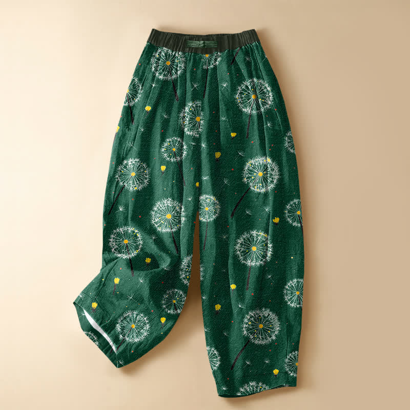 Buddha Stones Pantalon harem pour femme en pur coton à motif pissenlit, boutonnage grenouille, taille élastique et poches - Vert d'eau - US16，UK/AU20，EU48 (3XL) - image 0