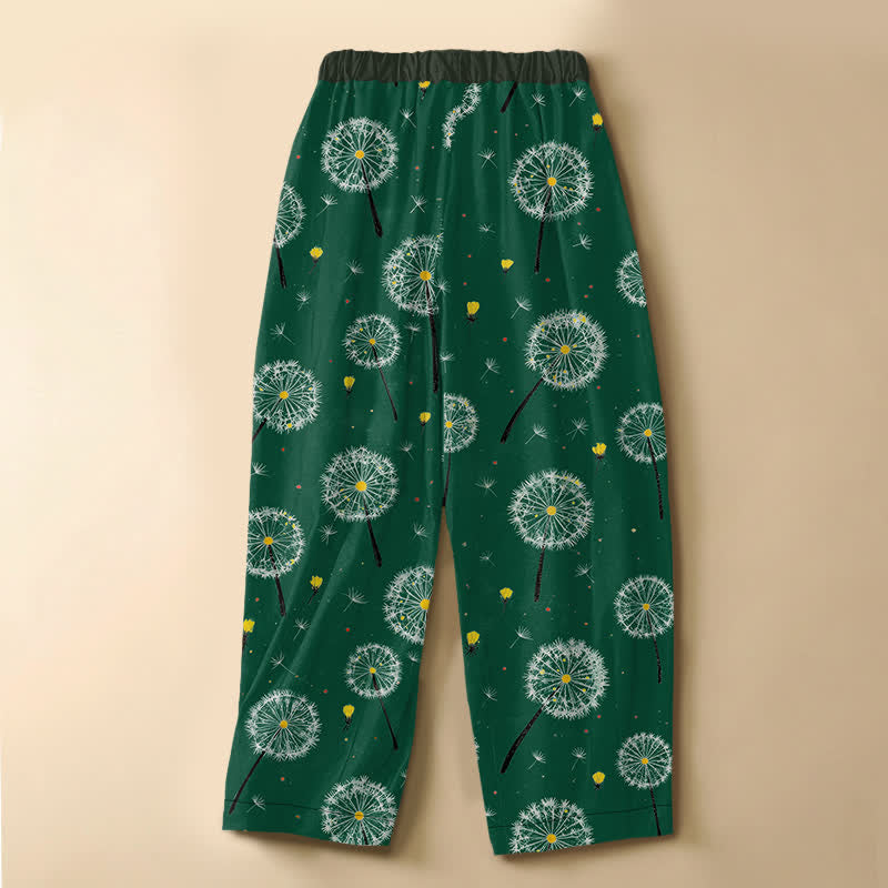 Buddha Stones Pantalon harem pour femme en pur coton à motif pissenlit, boutonnage grenouille, taille élastique et poches - image 1