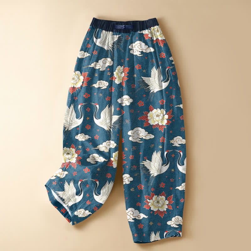 Buddha Stones Pantalon harem pour femme en pur coton, motif classique grue et pivoine, boutons grenouille, taille élastique et poches - SteelBlue - US16，UK/AU20，EU48 (3XL) - image 0