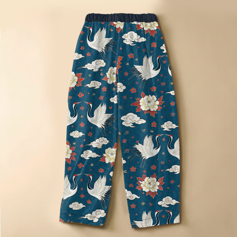 Buddha Stones Pantalon harem pour femme en pur coton, motif classique grue et pivoine, boutons grenouille, taille élastique et poches - image 1