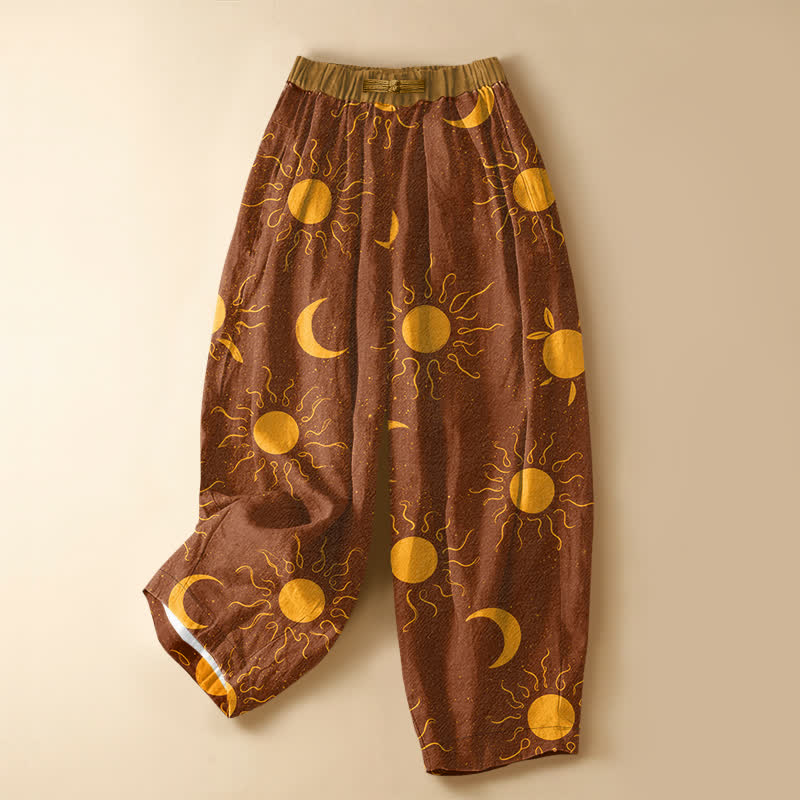 Buddha Stones Pantalon harem pour femme en pur coton, motif soleil et lune célestes, taille élastique et poches, avec boutons grenouille - Pérou - US16，UK/AU20，EU48 (3XL) - image 0