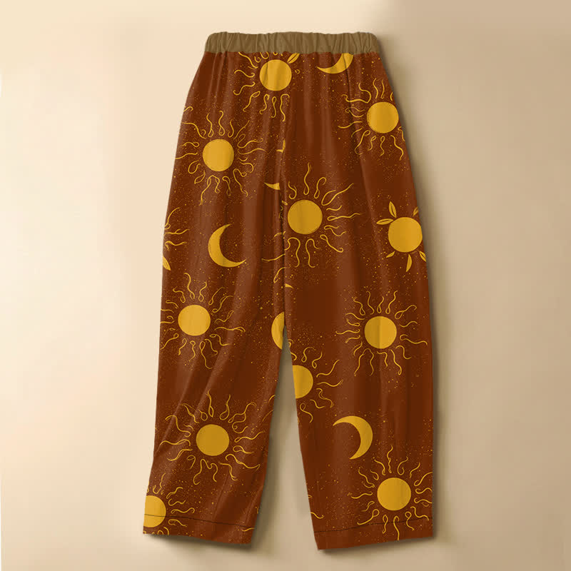 Buddha Stones Pantalon harem pour femme en pur coton, motif soleil et lune célestes, taille élastique et poches, avec boutons grenouille - image 1