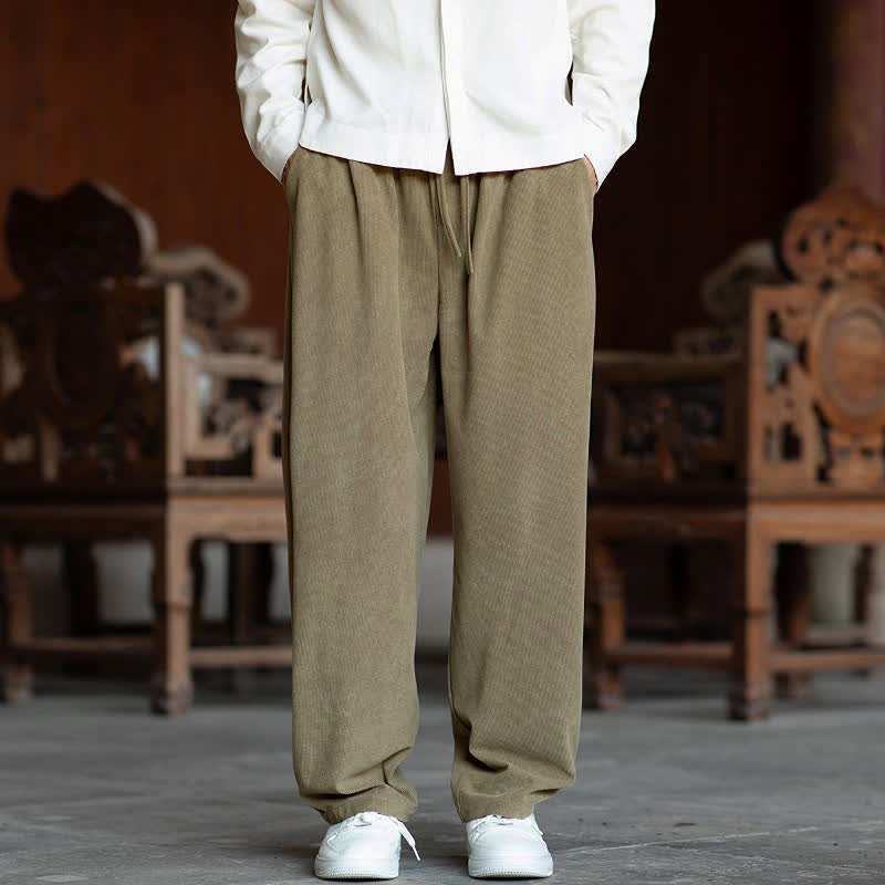 Buddha Stones Pantalon d'automne minimaliste décontracté à cordon de serrage, coupe droite, en velours côtelé, avec poches. - Tanné - US/UK/AU46, EU56 (5XL) - image 0
