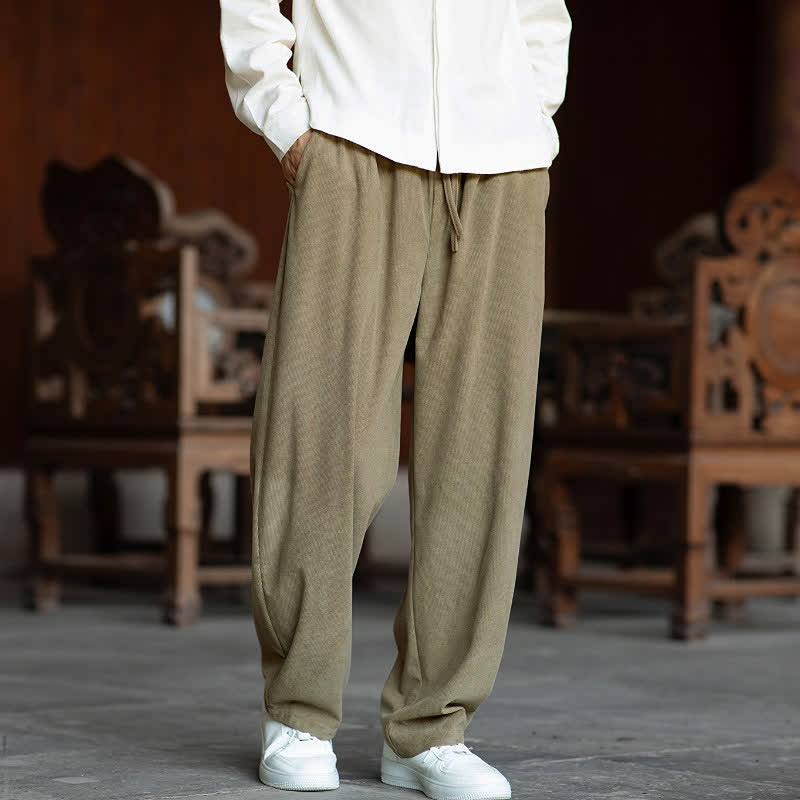 Buddha Stones Pantalon d'automne minimaliste décontracté à cordon de serrage, coupe droite, en velours côtelé, avec poches. - image 1
