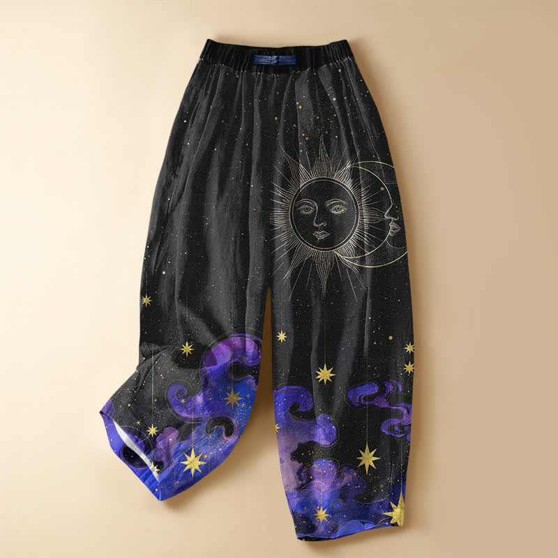 Buddha Stones Pantalon harem pour femme en pur coton, à taille élastique et poches, motif ciel étoilé et soleil, lune et boutons grenouille - Noir - US16，UK/AU20，EU48 (3XL) - image 0