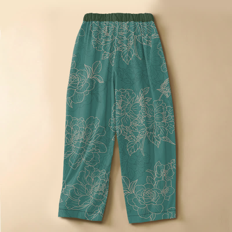 Buddha Stones Pantalon harem pour femme en pur coton, motif floral botanique vintage, boutons brandebourg, taille élastique et poches - image 1