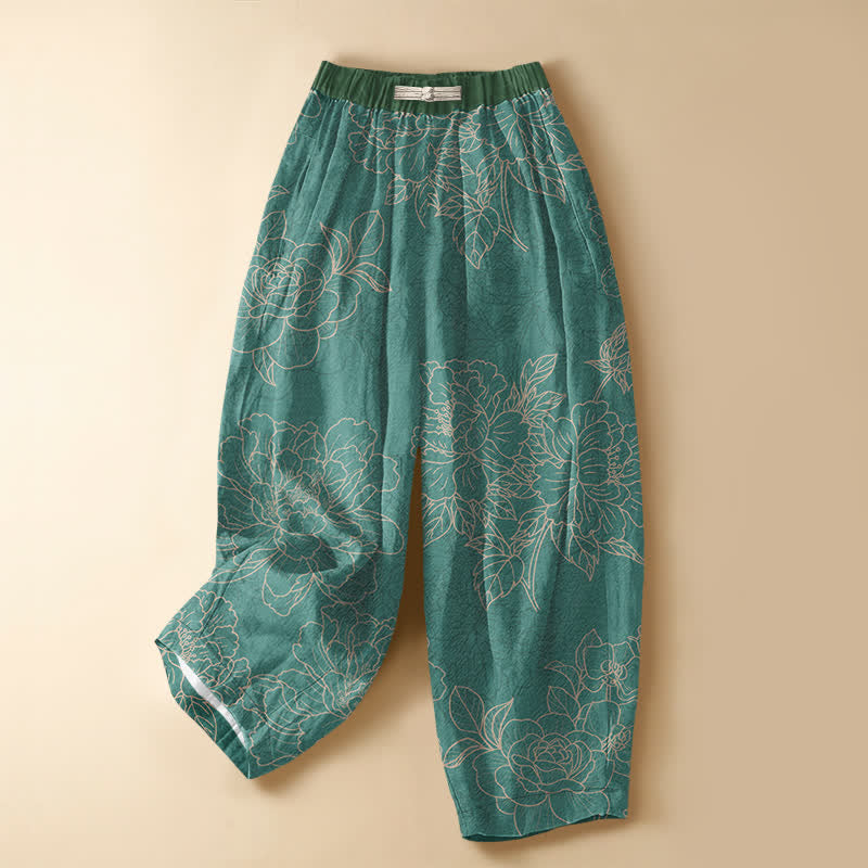 Buddha Stones Pantalon harem pour femme en pur coton, motif floral botanique vintage, boutons brandebourg, taille élastique et poches - Turquoise foncé - US16，UK/AU20，EU48 (3XL) - image 0