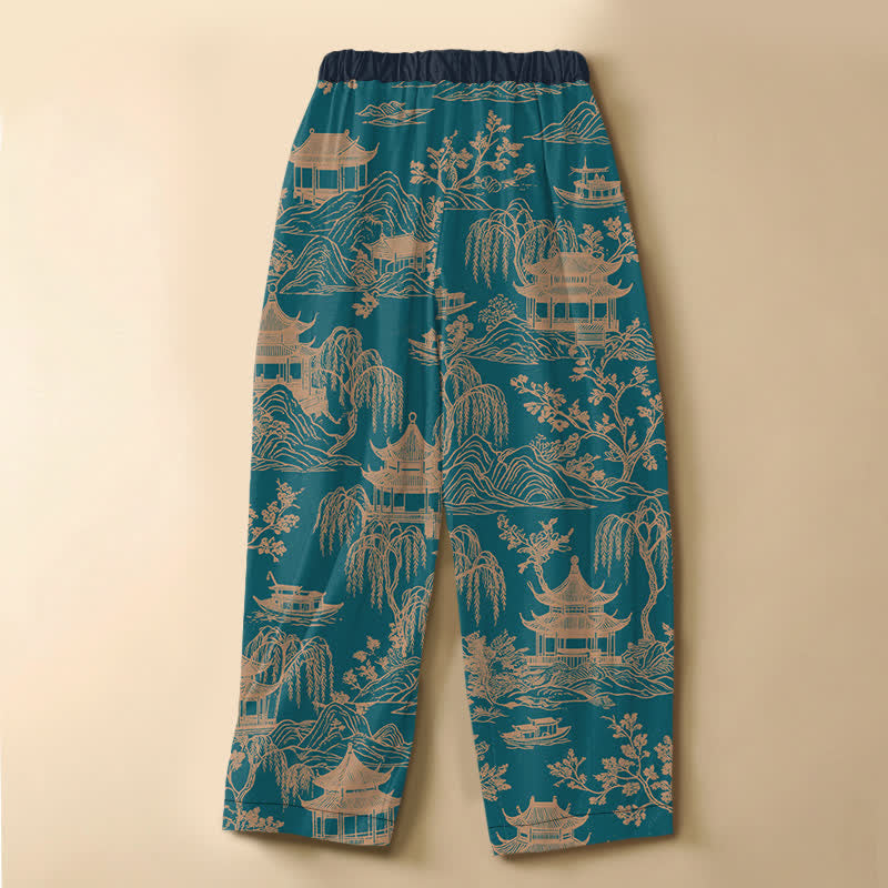 Buddha Stones Pantalon harem pour femme en pur coton, motif pavillon paysager vintage, boutons grenouille, taille élastique et poches - image 1
