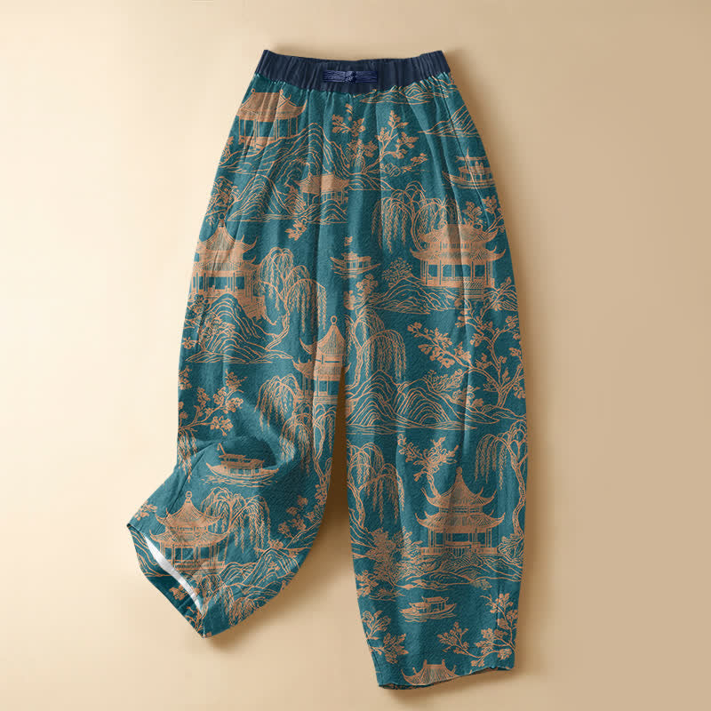Buddha Stones Pantalon harem pour femme en pur coton, motif pavillon paysager vintage, boutons grenouille, taille élastique et poches - Sarcelle - US16，UK/AU20，EU48 (3XL) - image 0