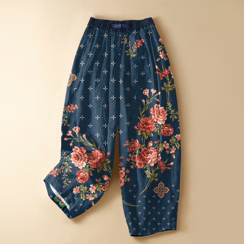 Buddha Stones Pantalon harem pour femme en pur coton, motif floral et géométrique vintage, boutonnage grenouille, taille élastique et poches - Bleu nuit - US16，UK/AU20，EU48 (3XL) - image 0