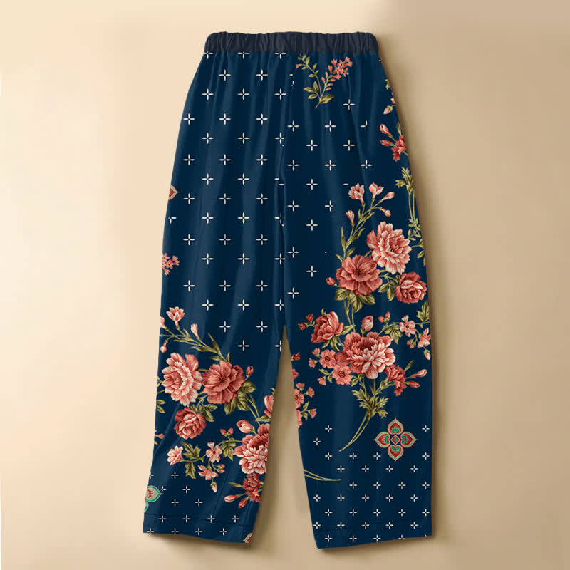 Buddha Stones Pantalon harem pour femme en pur coton, motif floral et géométrique vintage, boutonnage grenouille, taille élastique et poches - image 1