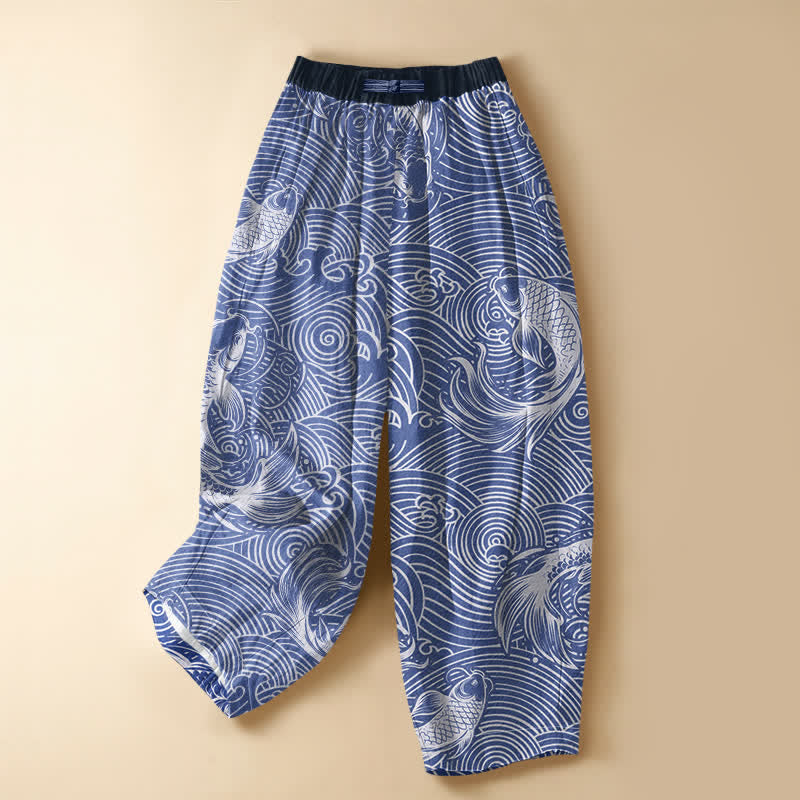 Buddha Stones Pantalon harem pour femme en pur coton, motif vagues et carpes koï, boutons grenouille, taille élastique et poches - SteelBlue - US16，UK/AU20，EU48 (3XL) - image 0