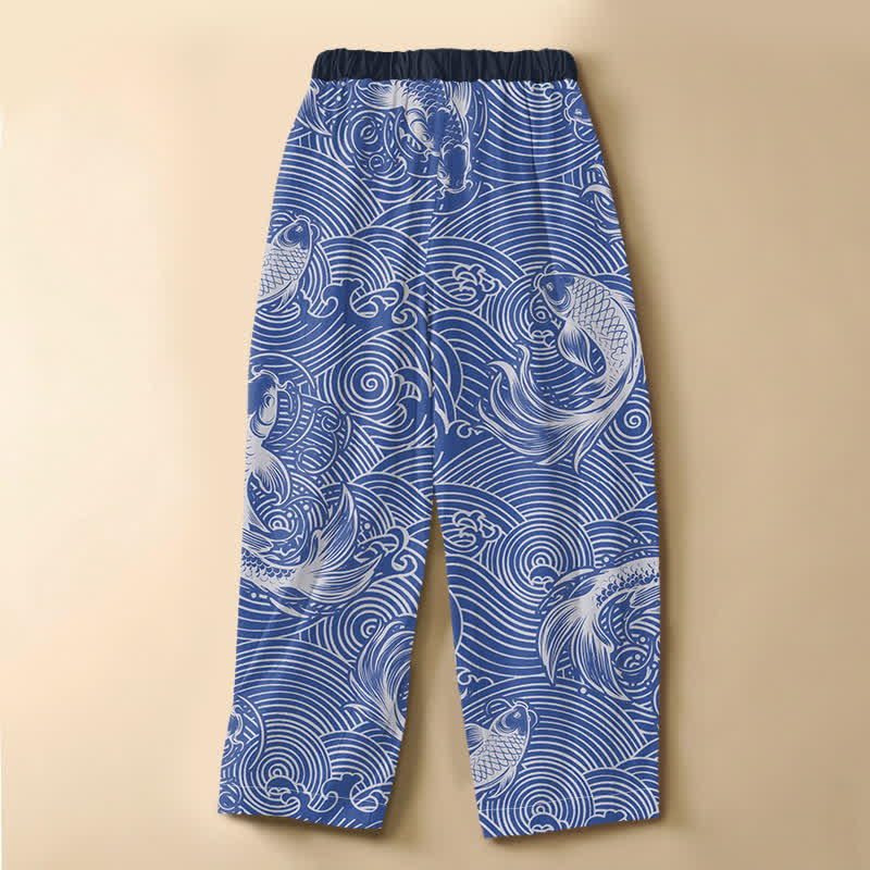 Buddha Stones Pantalon harem pour femme en pur coton, motif vagues et carpes koï, boutons grenouille, taille élastique et poches - image 1
